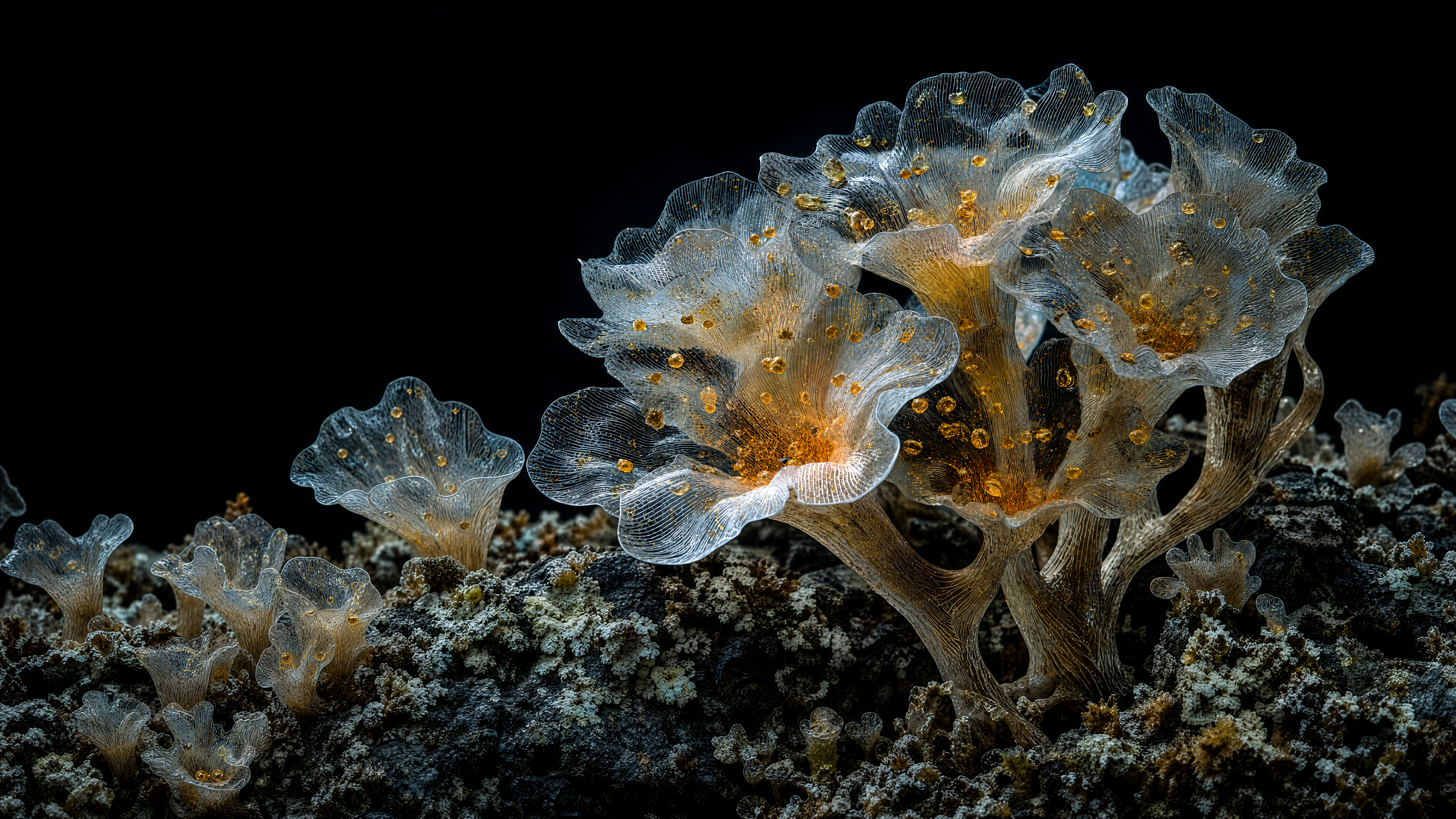Translucent lichen structures, with fine gold and silver filaments